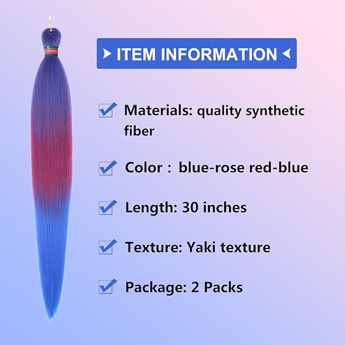Ombre Blue-Rose Pre stretched Braiding Hair 2 Packs Pre feathered Braid Hair Extensions 30 Inches Synehetic Hair Braids
