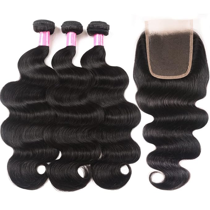 YISEA 12A Body Wave Bundles with Closure for Black Women(22 24 26+20) 100% Unprocess Human Hair 3 Bundles with 4x4 Lace Closure Braziian Virgin Human Hair