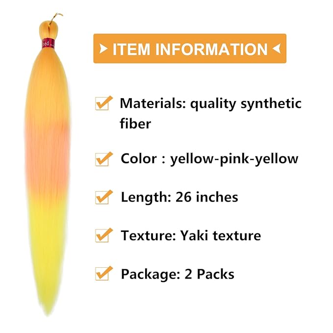 Yellow/Pink/Yellow Braiding Hair Pre Stretched 2 Packs Box Braids Hair Extensions 26 Inches Synthetic Pre Stretched Braiding Hair…