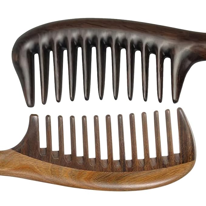 Louise Maelys 2pcs Wooden Wide Tooth Comb for Curly Thick Hair Anti-Static Black & Green Sandalwood Detangler Hair Comb for Women Men