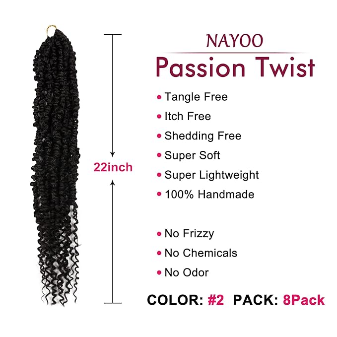 Passion Twist Hair - 8 Packs 22 Inch Passion Twist Crochet Hair For Women, Crochet Pretwisted Curly Hair Passion Twists Synthetic Braiding Hair Extensions (22 Inch 8 Packs, #2)