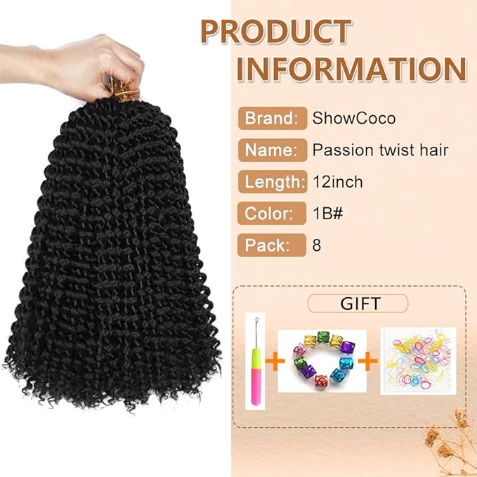 12 Inch Short Passion Twist hair, 8pcs Passion Twist Crochet Hair,Water Wave Crochet Hai Extensions For Passion Twist Braiding Hair Braids Natural Black Bohemian Hair (12 Inch,#1B)