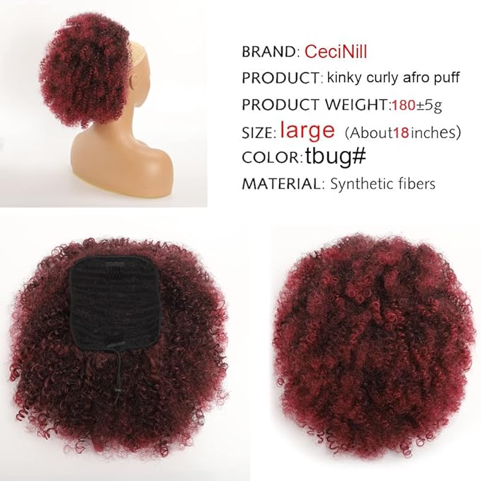 Afro Puff kinky curly Drawstring Ponytail Extension for Black Women Synthetic Short Afro Kinkys Curly Afro Bun Extension Hairpieces Updo Hair Extensions with Two Clips(1B) (18inch, TBUG#)