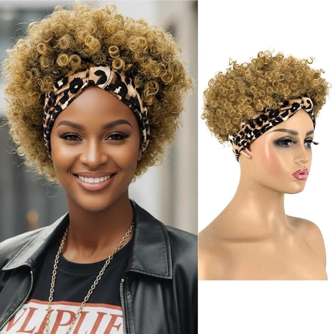 Afro Headband Wig Short Afro Kinky Curly Wigs for Black Women Glueless Afro Wigs with headbands attached Synthetic with 2 Clips(T1B/27)