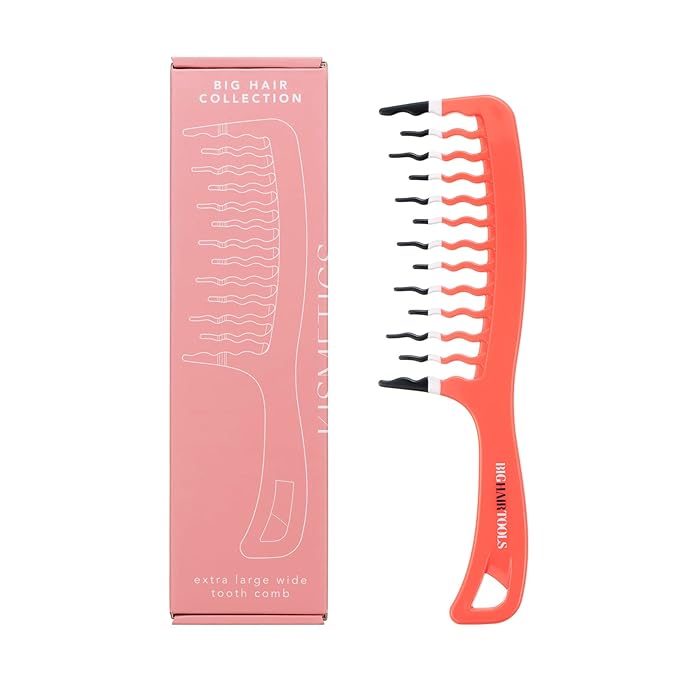 Big Hair Tools Extra Large Wide Tooth Comb for Thick, Curly, Wavy or Long Hair - Frizz-Free Detangling Shower Comb - Orange
