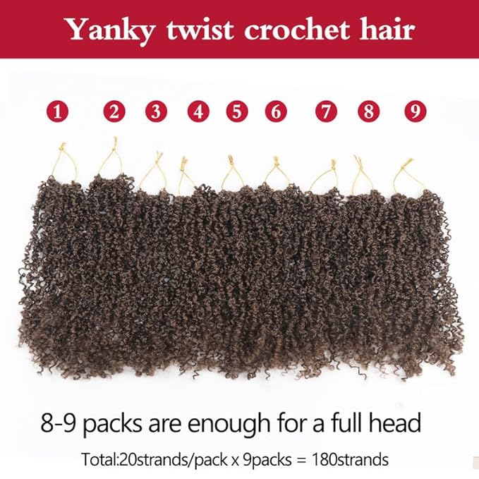 Yanky Twist Crochet Hair, PILLUGER Yaki Twists Hair Micro Spring Twist Braids,9 Packs Pre-looped passion Twist Brown Senegalese With Curls Crochet Synthetic Hair Extensions（8-1B/H/30）