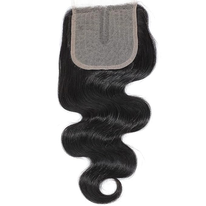 Amella Hair Brazilian Body Wave Hair 3 Bundles with T-Part Lace Closure Middle Part (16 18 20+16Closure)100% Unprocessed Virgin Brazilian Body Wave Human Hair 3 Bundles with Closure Natural Black Color