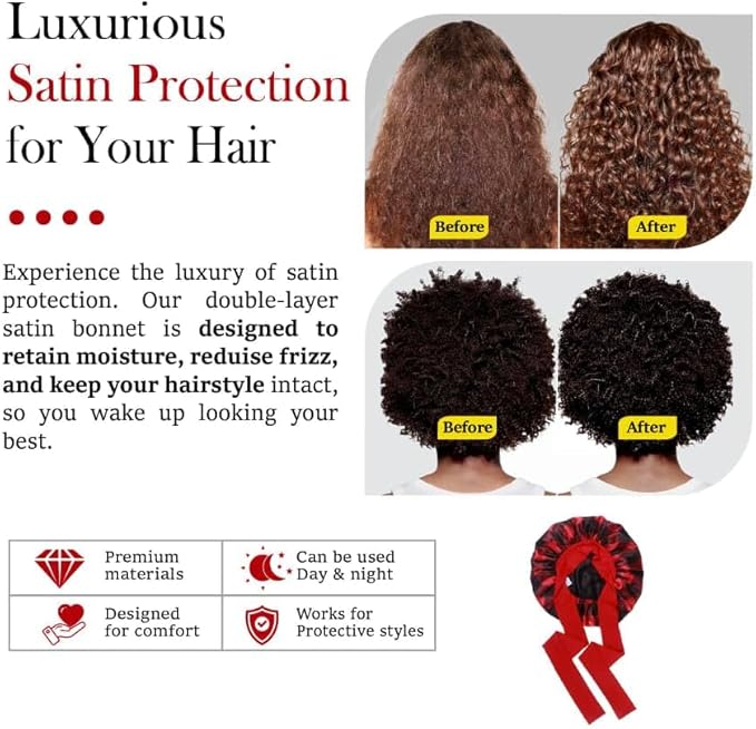 Buffalo Plaid Satin Sleep Bonnet, Double Layer Silky Red and Black Cap with Bow, Adjustable Hair Protection Headwear for Night