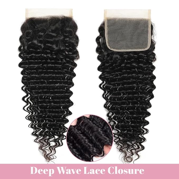 Human Hair Bundles with Closure (24 26 28+20 Closure) Deep Wave Bundles with Closure 100% Unprocessed Brazilian Virgin Curly Closure with Bundles Human Hair Weave with 4x4 Lace Closure Natural Color