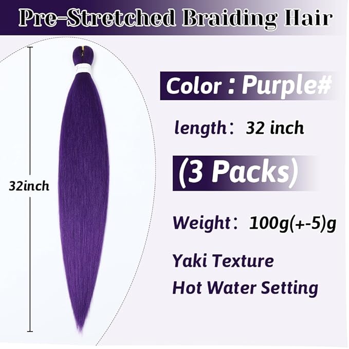Purple Braiding Hair 32 Inch Pre stretched Braiding Hair Yaki Braids Hot Water Setting Synthetic Hair Colored(32Inch,3 Packs,Purple#)