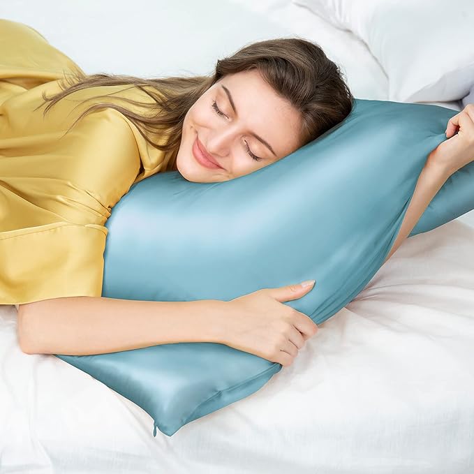 100% Mulberry Silk Pillowcase for Hair and Skin, 22 Momme Pure Natural Silk Pillow Case Both Sided with Zipper, Pillow Cover for Women Mom Men (Airy Blue, King 20''×40'', 1 Pack)