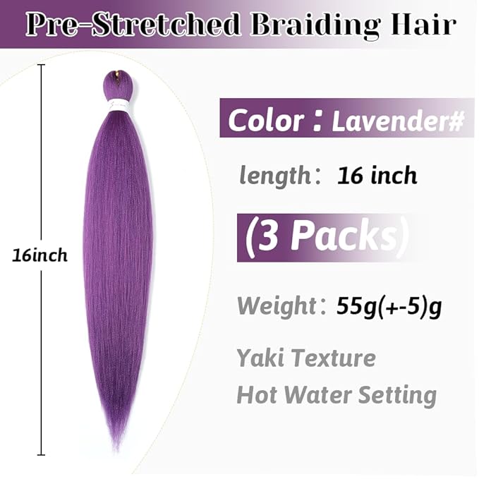Pre stretched Braiding Hair Extensions Hot Water Setting Synthetic Hair Pre Stretched Crochet Braids Hair 16 Inch 3 Pack Lavender#
