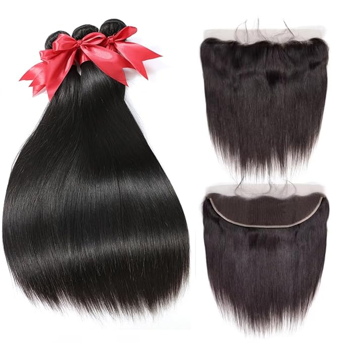 12A Straight Bundles with Frontal Human Hair 26 28 30+20 Inch Brazilian Human Hair Bundles with Frontal 100% Unprocessed Virgin Weave Hair with 13x4 HD Lace Closure