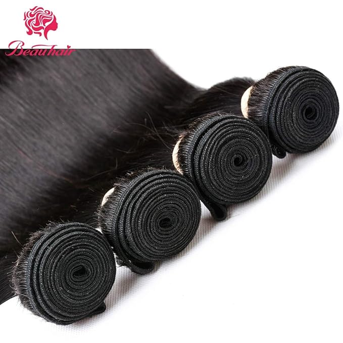 Straight Bundles with Closure Brazilian Hair Virgin Human Hair 3 Bundles with (4X4) Lace Closure Wave Weft 100% Unprocessed Real Human Hair Extensions Natural Color (18 20 22+18" Closure)