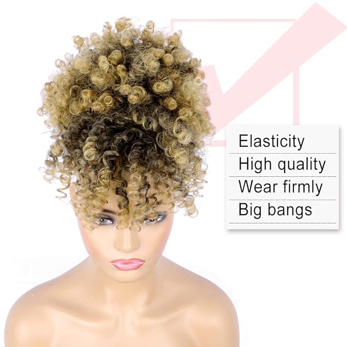 ENTRANCED STYLES Drawstring Ponytail with Bangs Afro Puff Ponytail Extensions for Women Short Curly Puff Ponytail with Bangs Clip in Wrap Updo Hairpiece for Women (T27)