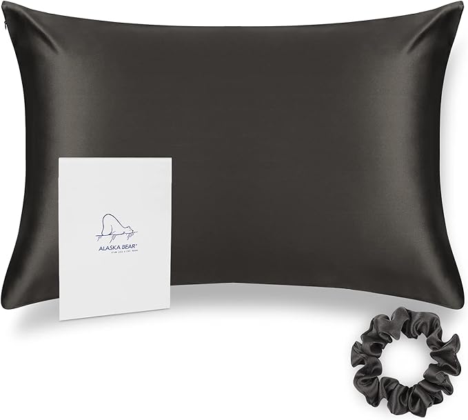 ALASKA BEAR Silk Pillowcase for Hair Care Gentle Mulberry Silk Anti Face Skin Wrinkle Pillow Slip Cover Standard Size with Concealed Zipper (1pc, Charcoal)