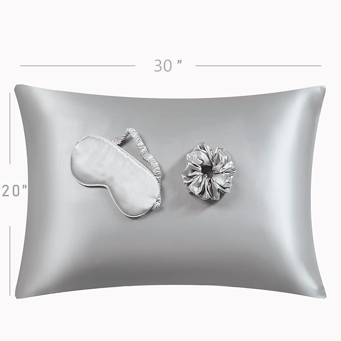 Satin Pillowcase for Hair and Skin, Vegan Silk Pillowcase Set-2 Satin Pillowcases, 1 Eye Mask, 1 Scrunchie-Luxury Sleep Set, Silver Gray Pillow Cases Queen Size with Envelope Closure