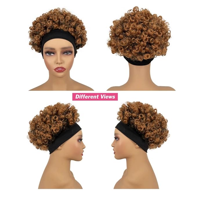 Afro Wigs for Black Women Glueless,Short Kinky Curly Wig with headbands attached Synthetic with 2 Clips(BrownT30)