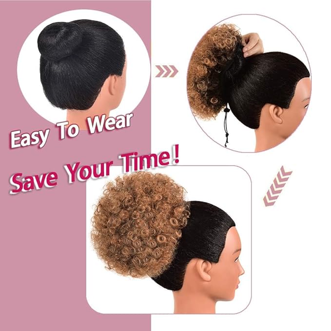 Rosmile Afro Puff Drawstring Ponytail Extension for Black Women - Premium Ombre Brown T1B/30# 80g Short Synthetic Natural Hair Clip On Kinky Curly Bun