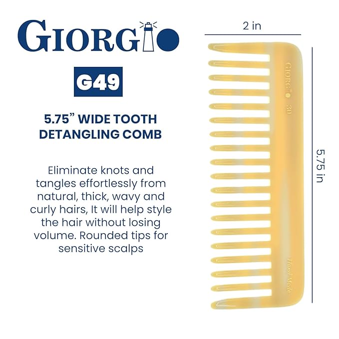 Giorgio G30 Large 5.75 Inch Hair Detangling Comb, Wide Teeth for Thick Curly Wavy Hair. Long Hairs Detangler Comb For Wet and Dry. Handmade of Cellulose, Saw-Cut, Hand Polished, Ivory 3 Pack
