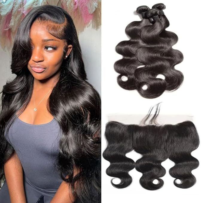 Body Wave 3 Bundles with Frontal Human Hair Unprocessed 100% Human Hair Natural Black Color 13x4 Lace Frontal with Bundles Virgin Human Hair Extensions(10 12 14 with 10 Frontal)