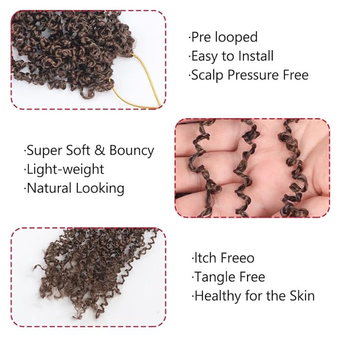 Yanky Twist Crochet Hair, PILLUGER Yaki Twists Hair Micro Spring Twist Braids,9 Packs Pre-looped passion Twist Brown Senegalese With Curls Crochet Synthetic Hair Extensions（8-1B/H/30）