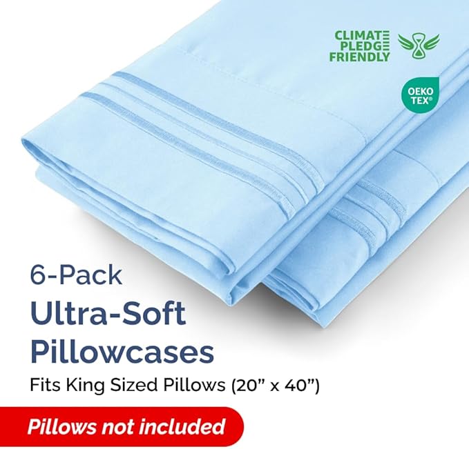 King Pillow Cases Set of 6 - Ultra Soft Hotel Quality Pillowcase Covers - Comfy. Cozy & Wrinkle Free - Shrink, Stain and Fade Resistant - Machine Washable Pillow Protectors - 6 Piece Set - Light Blue