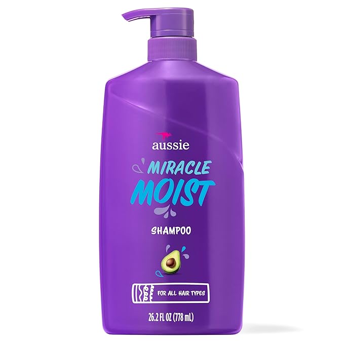 Aussie Miracle Moist Shampoo for All Hair Types - Dry, Curly, Coily, Wavy, Straight - Paraben-Free, Moisturizing, Gentle Cleansing with Avocado & Jojoba Seed Oil, 26.2 Fl Oz