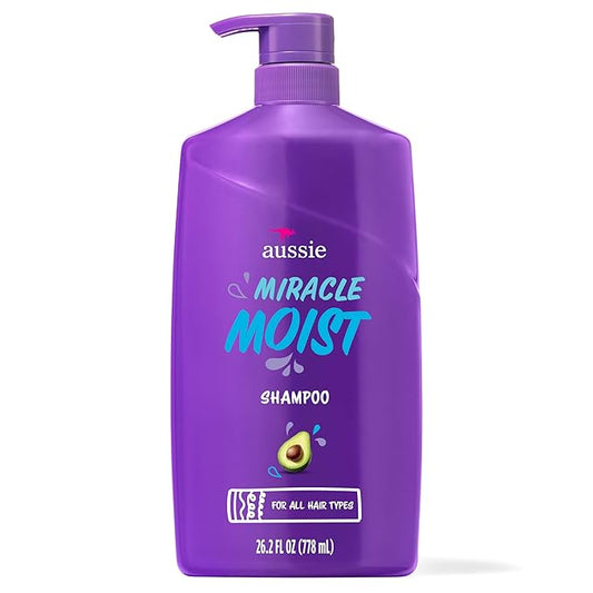 Aussie Miracle Moist Shampoo for All Hair Types - Dry, Curly, Coily, Wavy, Straight - Paraben-Free, Moisturizing, Gentle Cleansing with Avocado & Jojoba Seed Oil, 26.2 Fl Oz