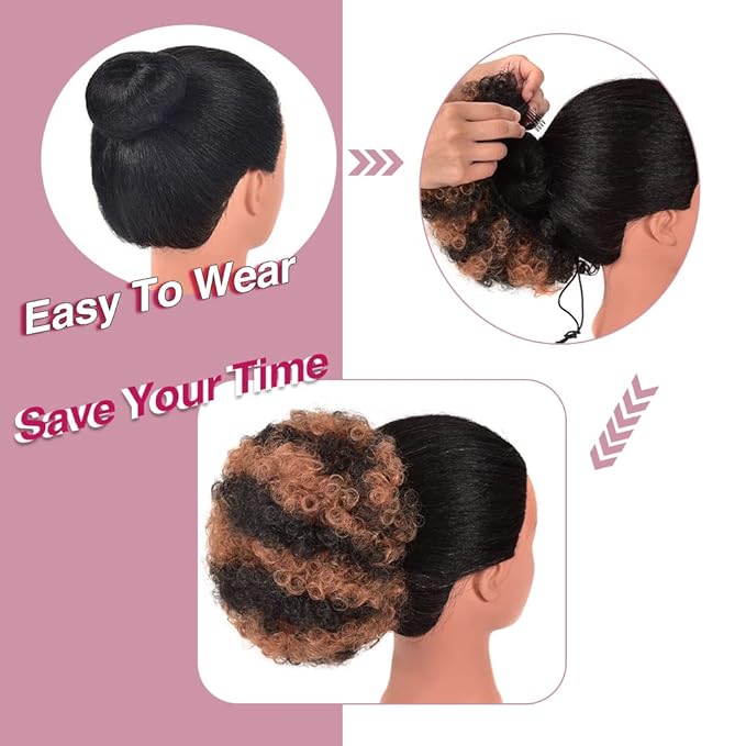 rosmile Afro Puff Drawstring Ponytail Extension for Black Women, Premium Black to Brown 80 Gram Short Synthetic Afro Puff Ponytail for Natural Hair, Clip on Kinky Drawstring Curly Ponytail Bun