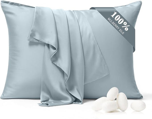 100% Pure Silk Pillowcase 2 Pack for Hair and Skin, Both Sides 23 Momme Grade 6A+ Mulberry Silk Pillowcases with Hidden Zipper, Soft&Smooth Cooling Pillow Cases (Ash Blue, Queen 20x30)