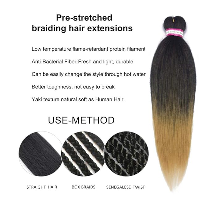 Pre-stretched Braiding Hair Extension Ombre Natural Black Brown Professional Crochet Braiding Hair 24 Inch 8 Packs Hot Water Setting Perm Yaki Synthetic Hair for Twist Braids (#1B/27)