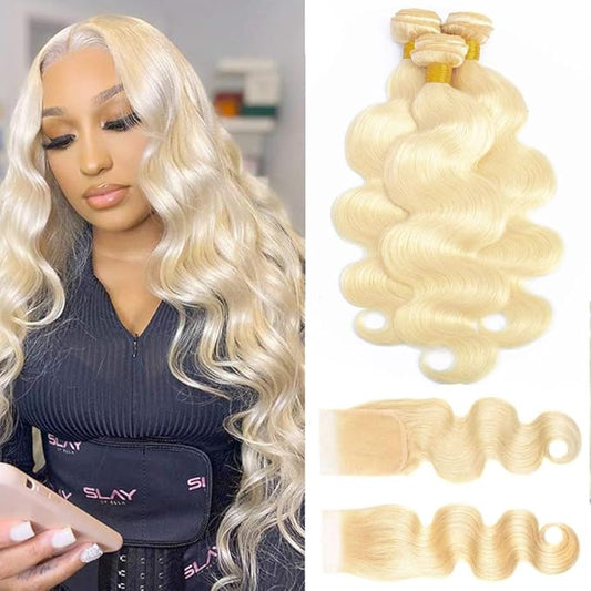 613 Blonde Body Wave Bundles Human Hair with Closure (16 18 20+14") 12A Grade Brazilian Virgin 613 Blonde Body Wave Human Hair 3 Bundles with Transparent Lace Closure