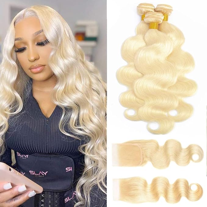 613 Blonde Bundles with Closure Human Hair (12 14 16+10") 12A Brazilian Blonde Body Wave Human Hair 3 Bundles with Closure 100% Unprocessed Virgin Body Wave Weave with Lace Closure