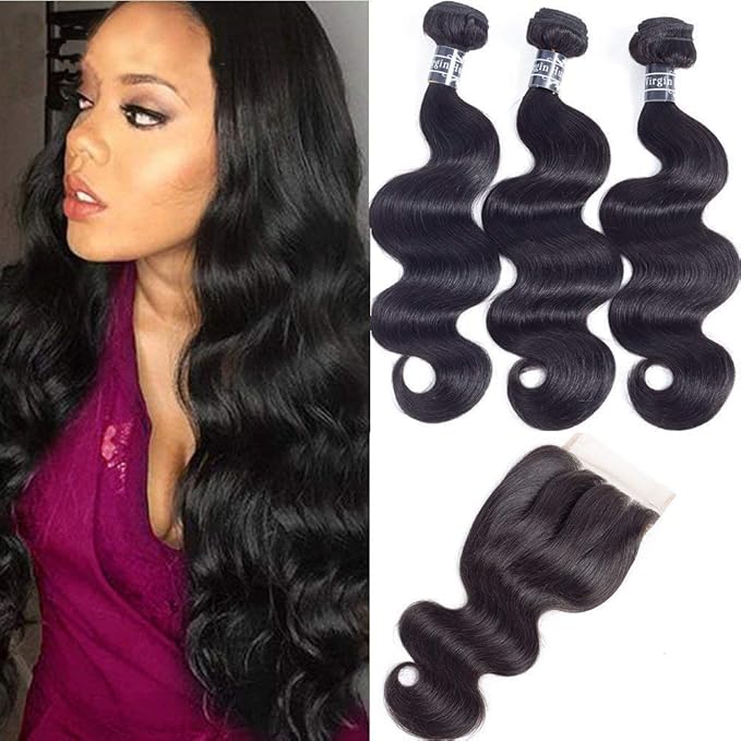 Amella Hair 8A Brazilian Body Wave Human Hair Bundles with Closure(22" 24" 26"+20" Three Part Closure) 100% Unprocessed Brazilian Virgin Human Hair Extensions