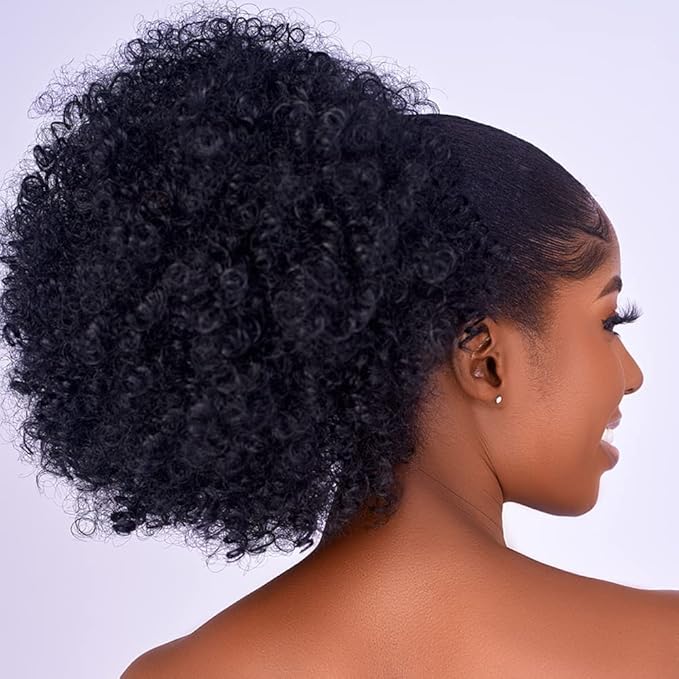 Afro Puff kinky curly Drawstring Ponytail Extension for Black Women Synthetic Short Afro Kinkys Curly Afro Bun Extension Hairpieces Updo Hair Extensions with Two Clips(1#)