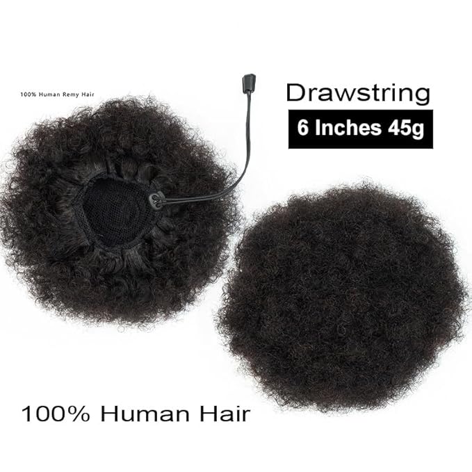 Afro Puff Drawstring Ponytail Human Hair Small Kinky Curly Ponytail Buns Hairpieces 8A Brazilian Virgin Hair Short Clip In Ponytails for Black Women Girls Kids 6 Inch Natural Black