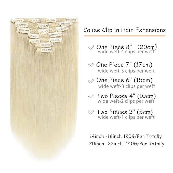 Caliee 16Inch Hair Extensions Human Hair Color 60A Platinum Blonde Silky Straight Clip in Extensions Invisible Double Weft for Women Full Head Seamless Hair Extensions 120G