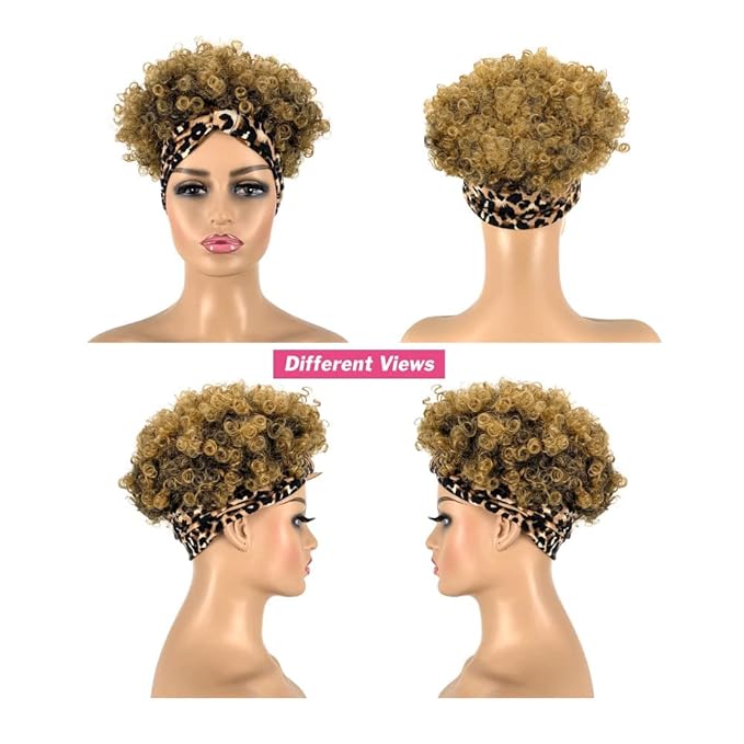 Afro Headband Wig Short Afro Kinky Curly Wigs for Black Women Glueless Afro Wigs with headbands attached Synthetic with 2 Clips(T1B/27)