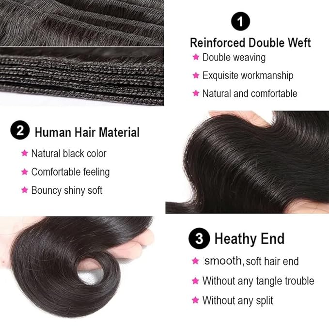 12A Human Hair Bundles Body Wave(20 22 24 Inch)100% Unprocessed Brazilian Virgin Human Hair Body Wave 3 Bundles Hair Weft Full Density Sew in for Black Women Natural Color