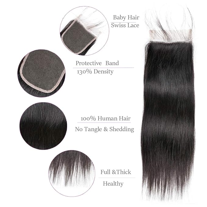 Straight Hair Bundles with Closure (10 12 14+10 Closure) 100% Brazilian Straight Virgin Hair 3 Bundles with Lace Closure Free Part Human Hair Extensions Natural Black Color