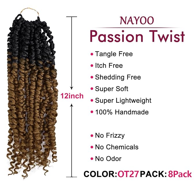 NAYOO Passion Twist Hair - 8 Packs 12 Inch Passion Twist Crochet Hair For Women, Crochet Pretwisted Curly Hair Passion Twists Synthetic Braiding Hair Extensions(12 Inch 8 Packs, OT27)