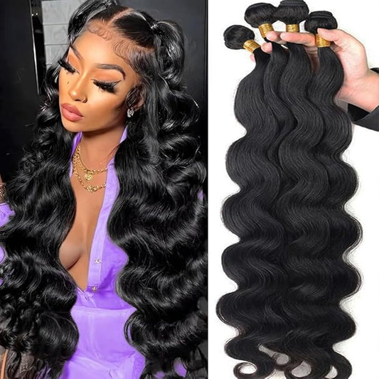 12A Human Hair Bundles Body Wave 100% Unprocessed Brazilian Virgin Hair 4 Bundles Human Hair Extensions Quick Weave Human Hair (4 Bundlles Natural black, 24 26 28 30 Inch)