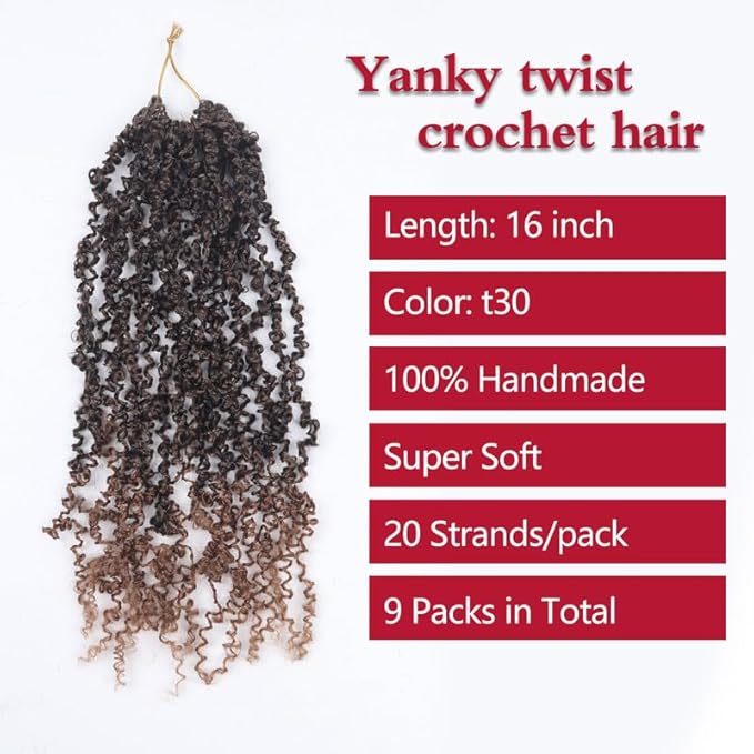 Yanky Twist Crochet Hair, PILLUGER Yaki Twists Hair Micro Spring Twist Braids,9 Packs Pre-looped passion Twist Brown Senegalese With Curls Crochet Synthetic Hair Extensions（16-T30）