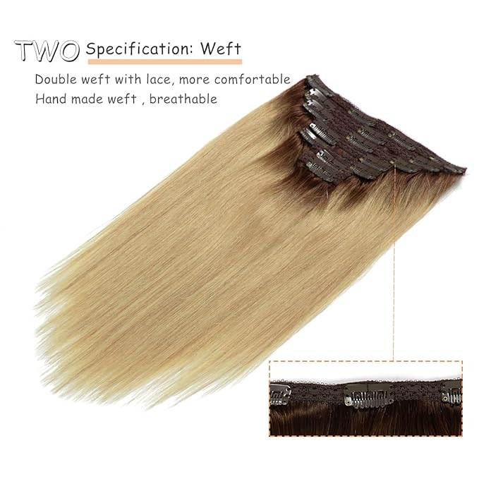 Caliee 14 Inch Clip in Human Hair Extensions R4-18 Ombre Chocolate Brown with Dirty Blonde Silky Double Weft Lace Clip in Hair Extensions Invisible Natural Straight 120G 7 PCS