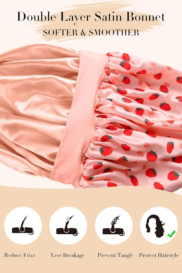Double Layer Silk Bonnet with Tie Satin Lined Sleep Cap Hair Cover for Women's Curly Natural Hair
