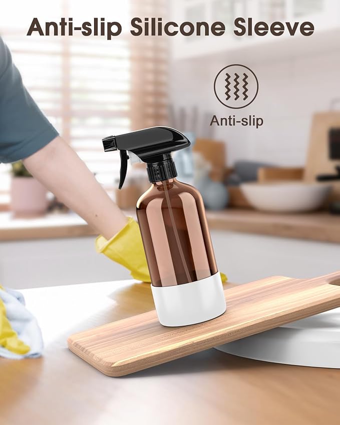 Glass Spray Bottle with Silicone Sleeve Protection, Amber Glass Spray Bottle Set for Window Cleaner Aromatherapy Facial Hydration Watering Flowers Hair Care 2 Pack/16 oz (Black & White, 16 oz)