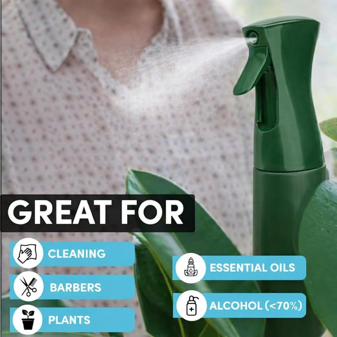 Hula Home Continuous Spray Bottle for Hair (10.1oz/300ml) Empty Ultra Fine Plastic Water Mist Sprayer – For Hairstyling, Cleaning, Salons, Plants, Essential Oil Scents & More - Green