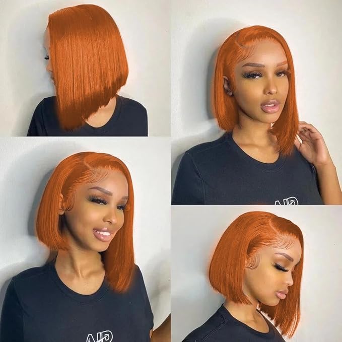 250% Density Ginger Bob Wig Human Hair 13x4 HD Lace Closure Wig Orange Bob Human Hair Wig with Baby Hair Short Straight Bob Colored Wig for Women 10 Inch