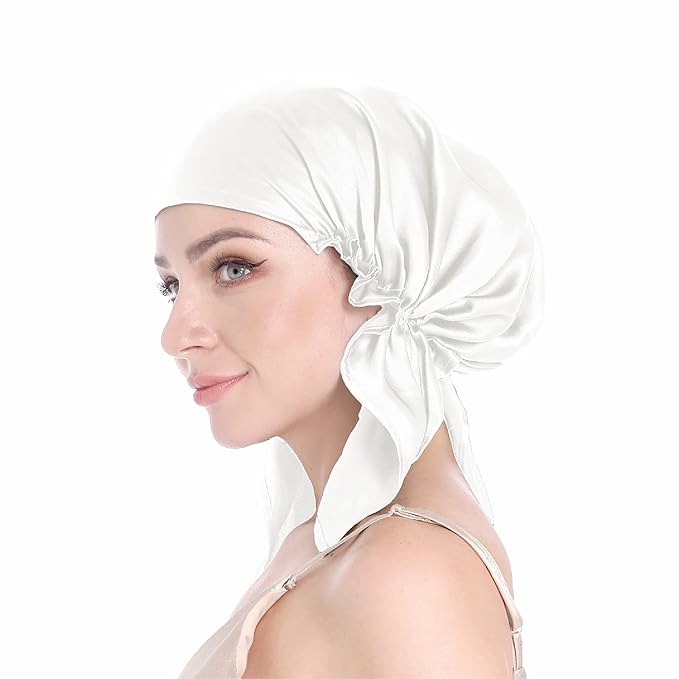 SissiLita Silk Sleeping Bonnet for Women, Large Silk Hair Cap with Tie Band, White